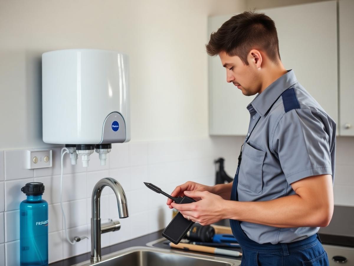 Technician installing an RO water purifier in a kitchen