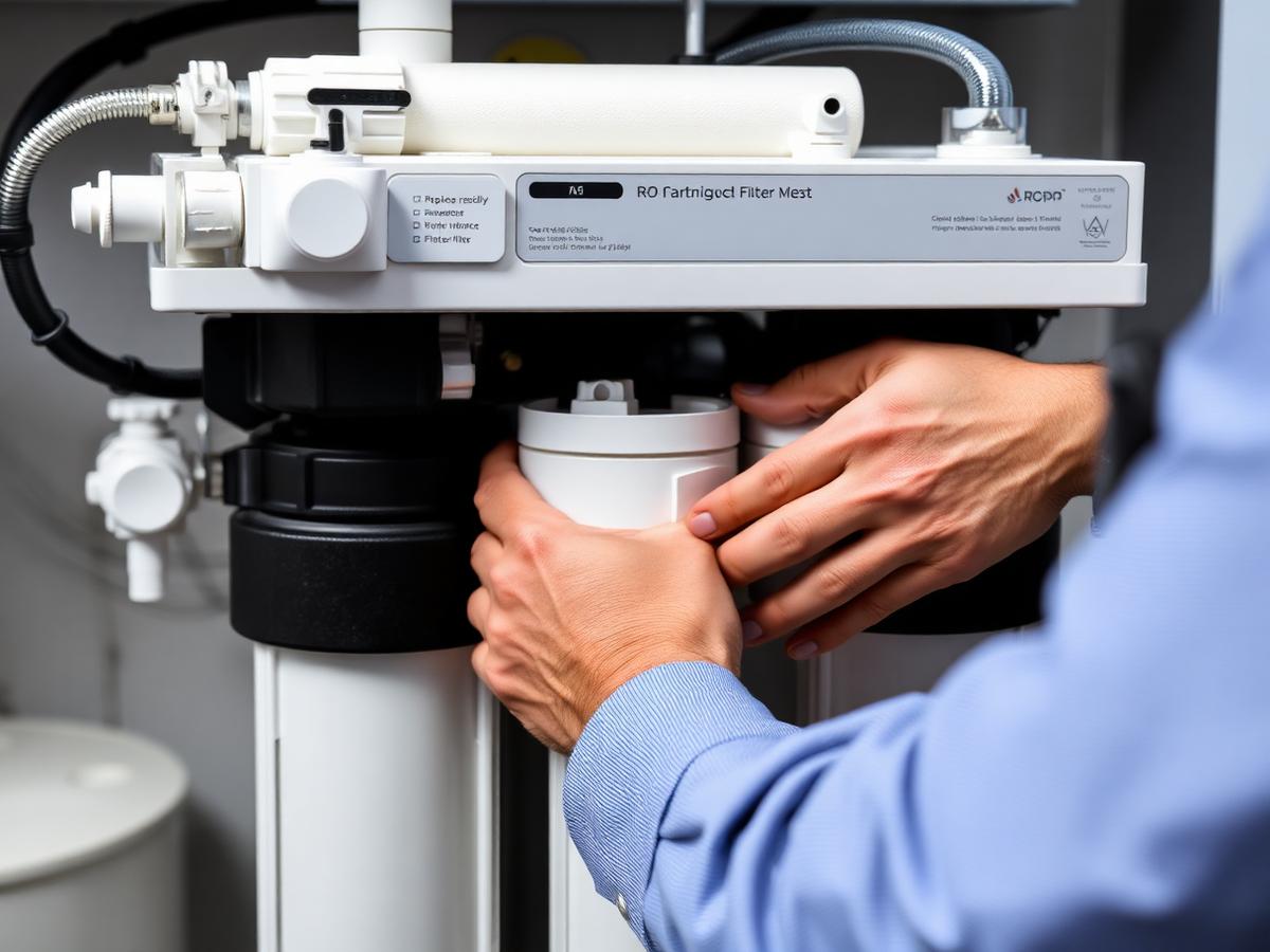 Technician replacing filter cartridges during RO servicing